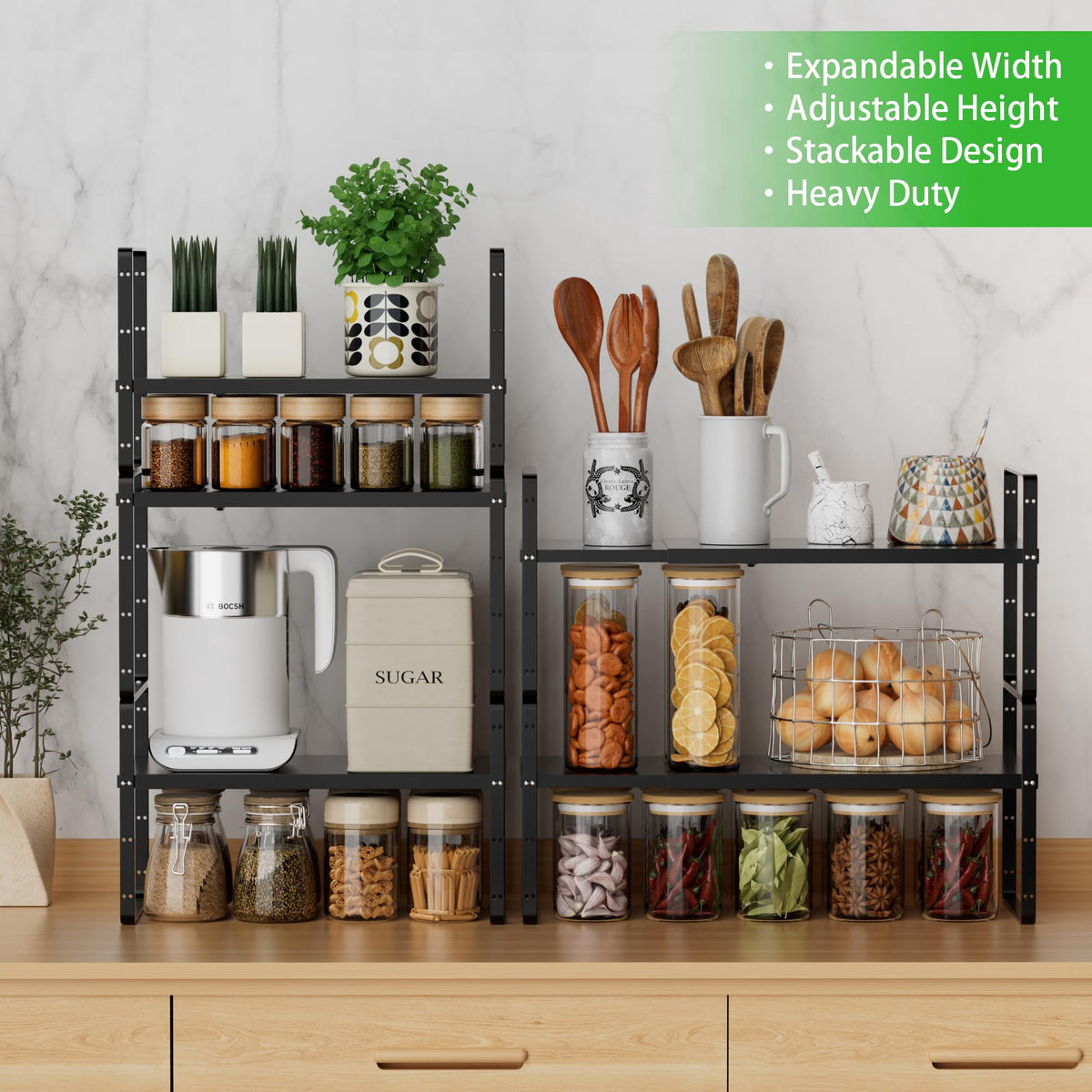 Expandable Cabinet Shelf Organizer, Stackable Adjustable Rack 13.78 to 25.6 in for Pantry and Counter, Black - Image 6