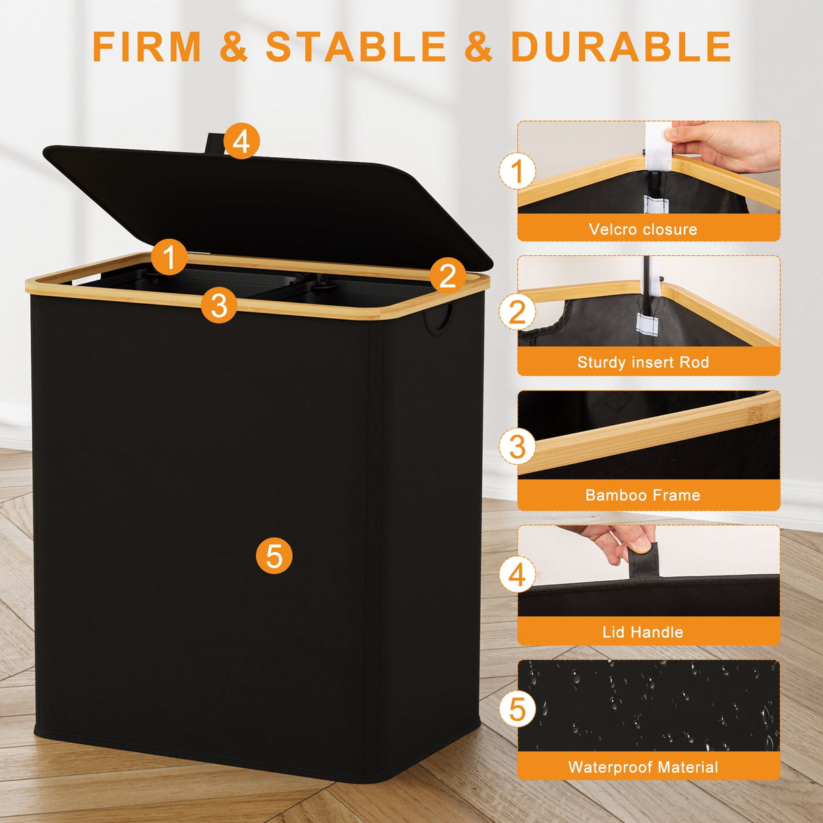 Double Laundry Hamper with Lid, 150 L Collapsible Sorter with Bamboo Handles and Removable Liner Bags, Black - Image 3