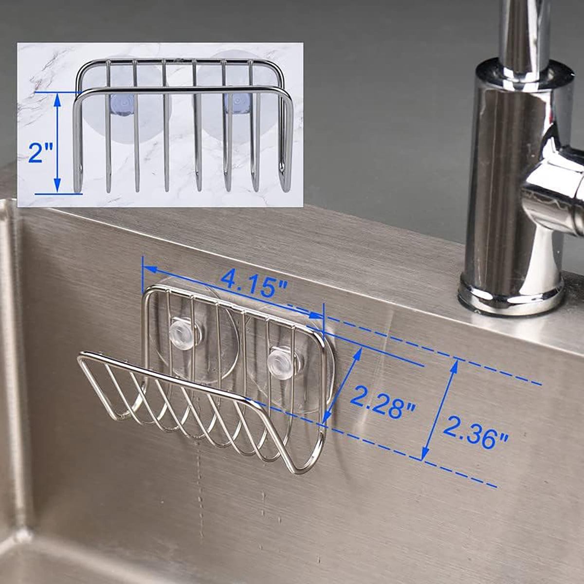 Aluminum Sink Sponge Holder with Adhesive Pad and Suction Cups, Rust-Resistant Caddy - Image 4