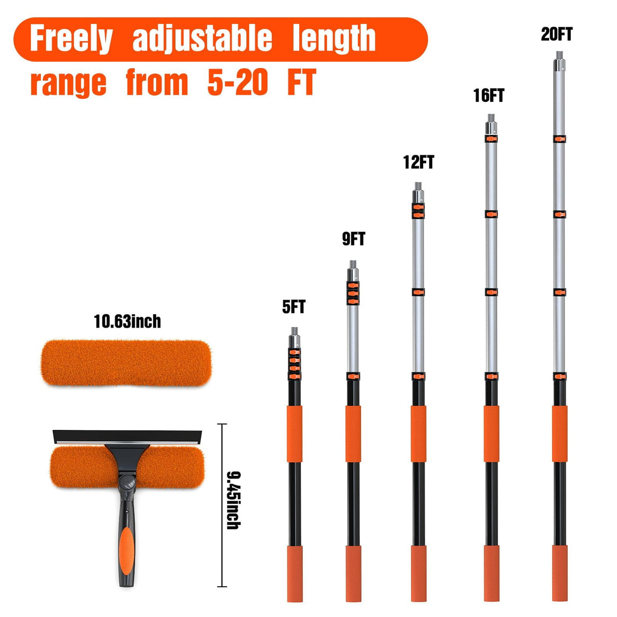 Window Squeegee and Washer Kit with 20 ft Telescoping Pole, Two-Sided Head for High Windows - Image 5
