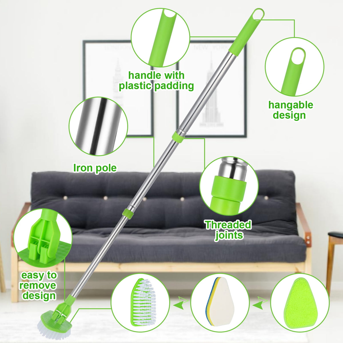Long-Handle Bathroom Scrub Brush Set with 3 Heads, Extends 18 to 37 in, Pivoting Head - Image 4