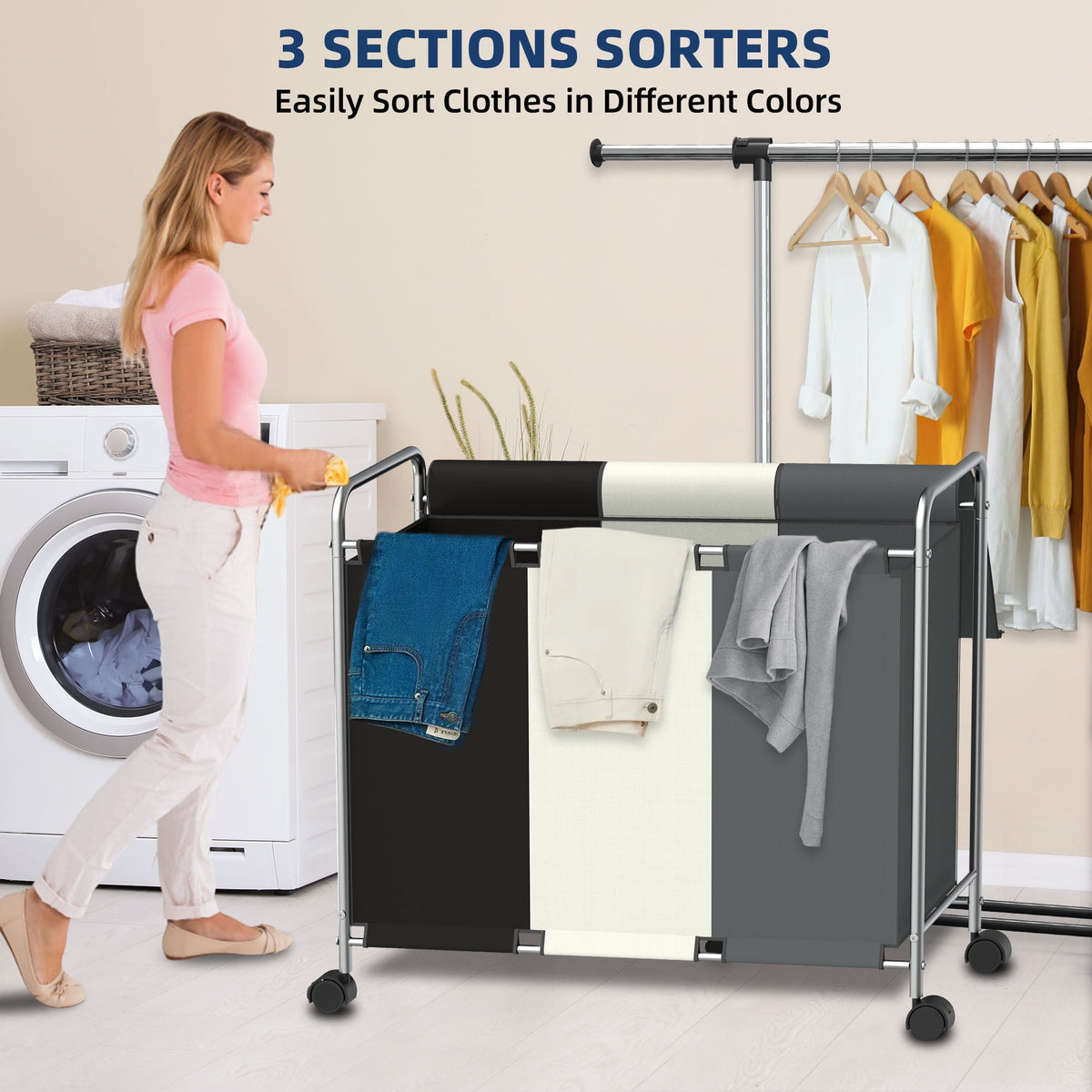 Rolling Laundry Sorter with 3 Compartments, Lid and Handles, 150 L Hamper Cart - Image 2