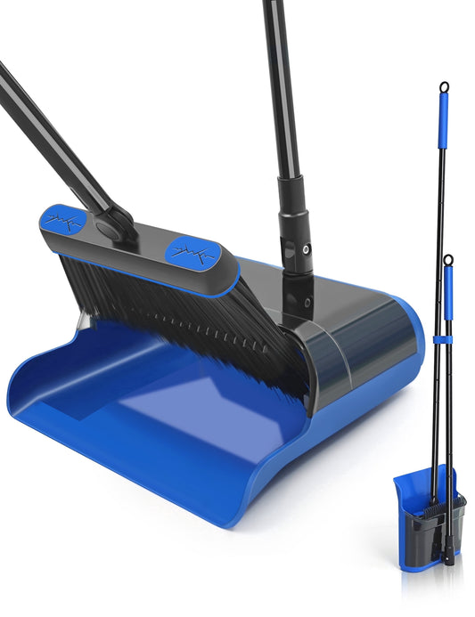 Broom and Dustpan Set with 53.5-Inch Telescopic Handle, Clear Dustpan with Comb Teeth, Blue