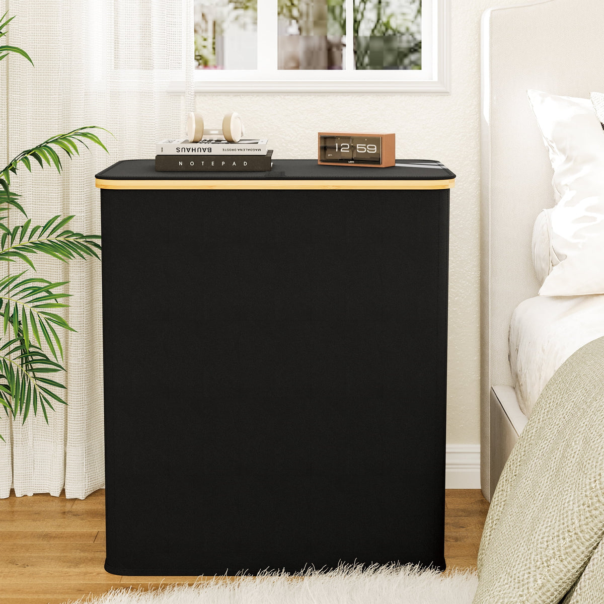 Double Laundry Hamper with Lid, 150 L Collapsible Sorter with Bamboo Handles and Removable Liner Bags, Black - Image 4