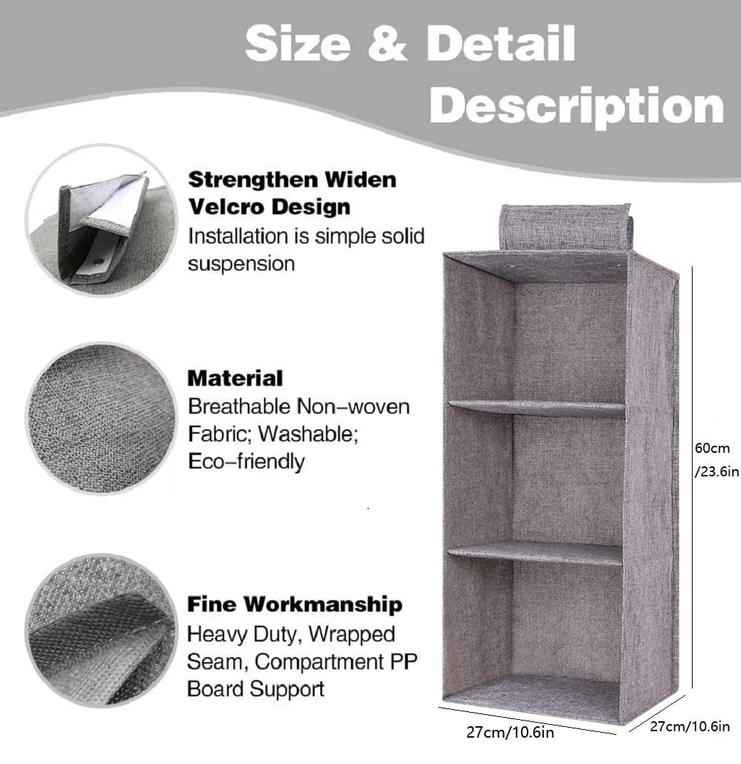 Hanging Closet Organizer with 3 Shelves, 2-Pack Collapsible Non-Woven Wardrobe Shelves, Gray - Image 4