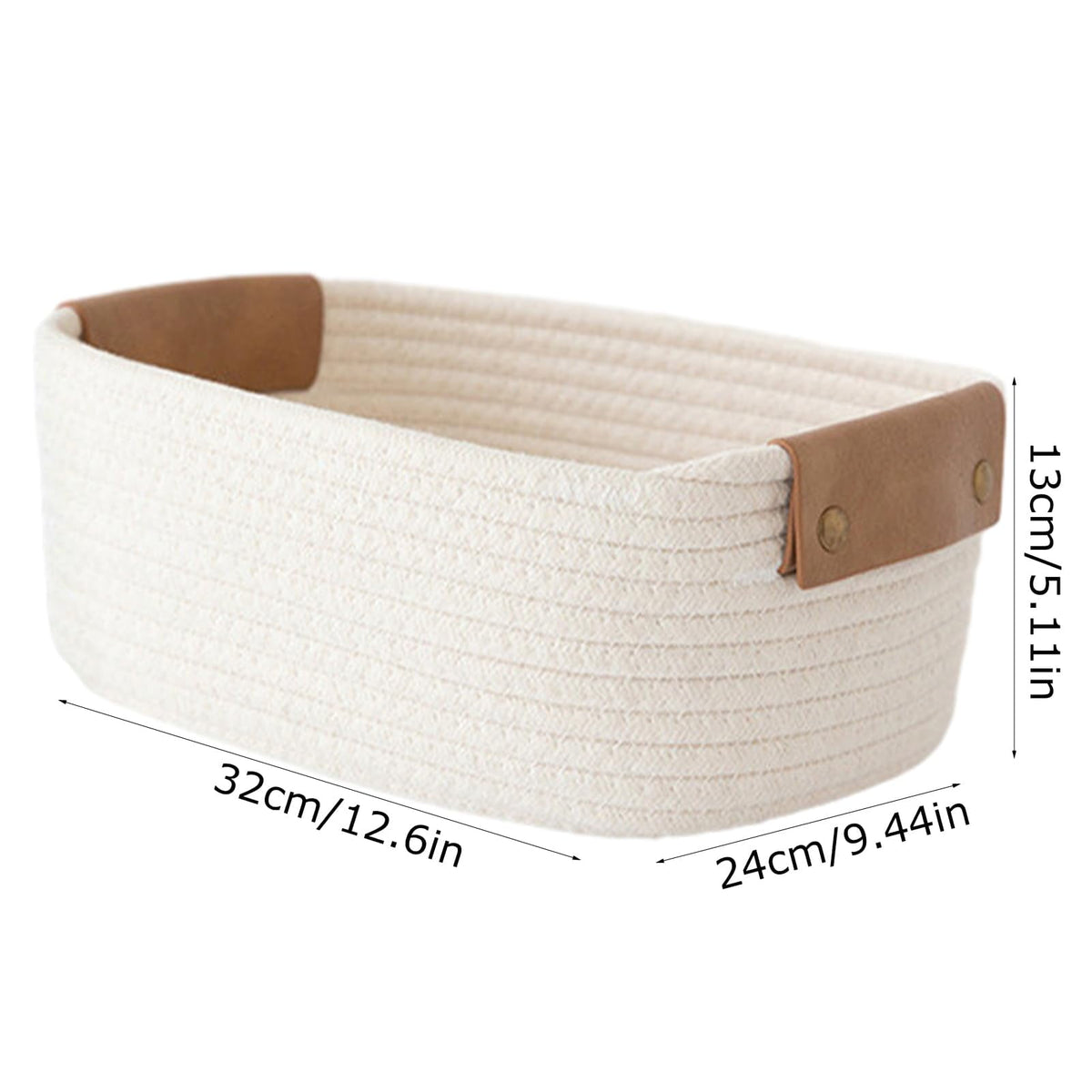 Large Cotton Rope Woven Basket with Faux Leather Handles, 12.6 x 9.5 x 5.2 in, White - Image 5