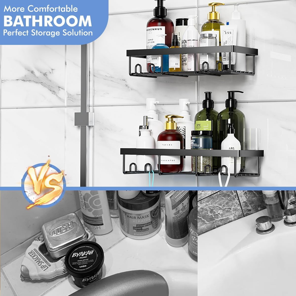 Adhesive Shower Caddy Shelves, 2-Pack No-Drill Black Metal Organizers with 2 Tiers - Image 5