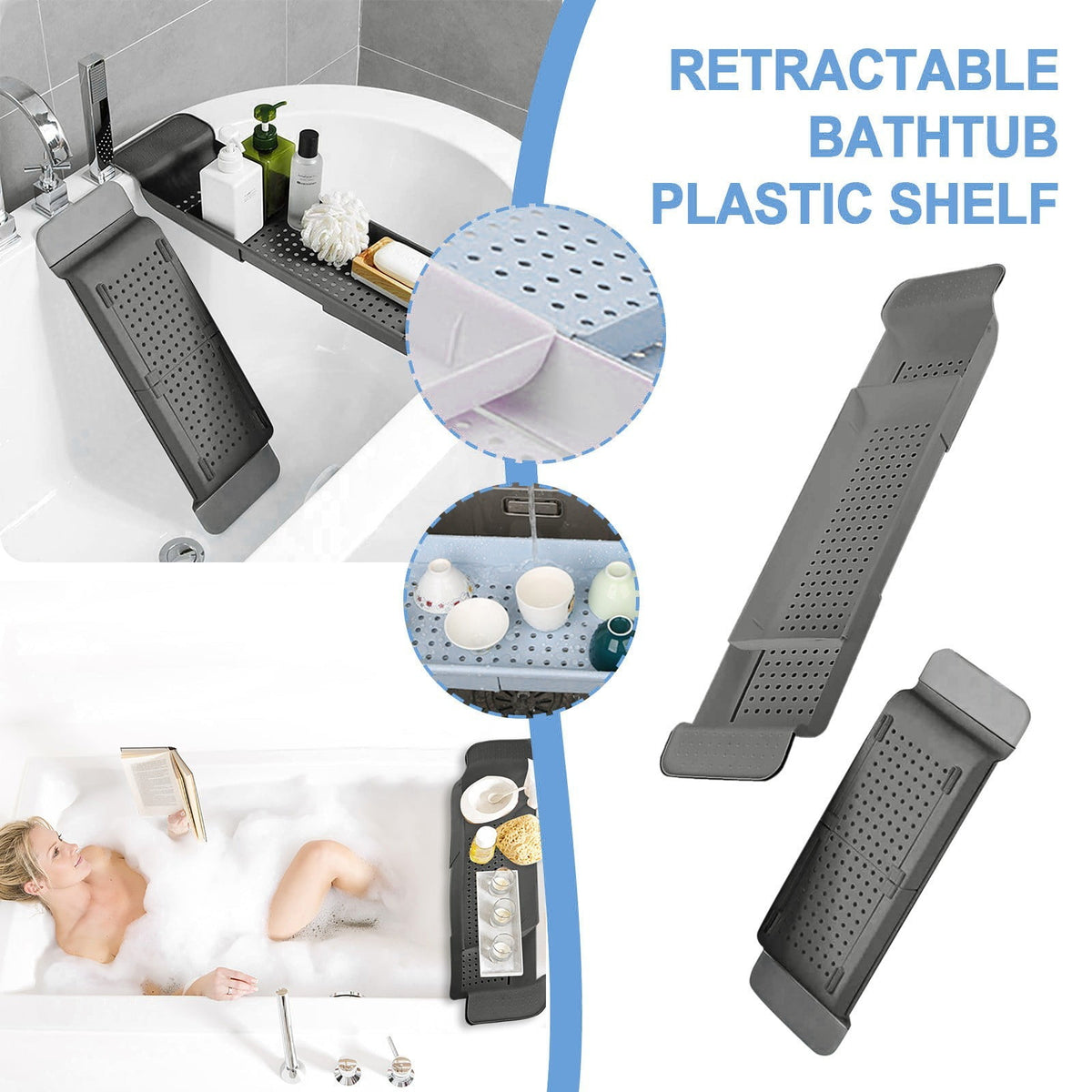 Expandable Bathtub Tray, Adjustable Bath Caddy 55 to 78 cm with Drain Holes and Handles - Image 2