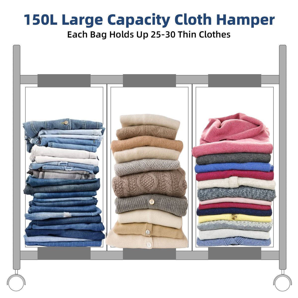 Rolling Laundry Sorter with 3 Compartments, Lid and Handles, 150 L Hamper Cart - Image 6
