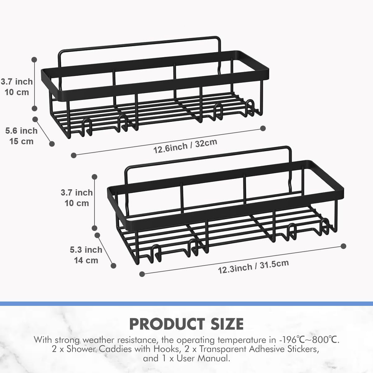 Adhesive Shower Caddy Shelves, 2-Pack No-Drill Black Metal Organizers with 2 Tiers - Image 3