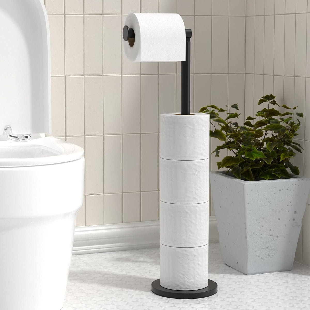 Freestanding Toilet Paper Holder Stand, Stainless Steel Reserve Holds 5 Rolls, Matte Black - Image 2