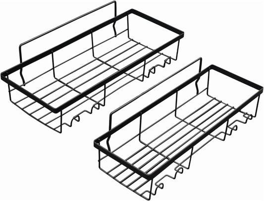 Adhesive Shower Caddy Shelves, 2-Pack No-Drill Black Metal Organizers with 2 Tiers