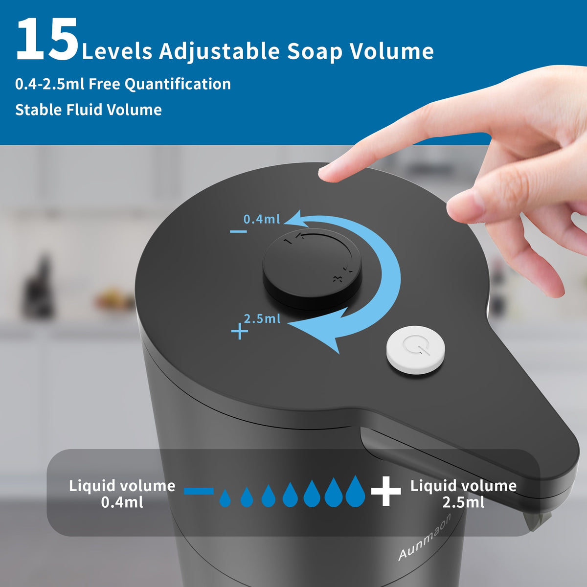 Touchless Automatic Soap Dispenser with 15 Volume Settings for Thick and Thin Liquid Soap, Black - Image 2