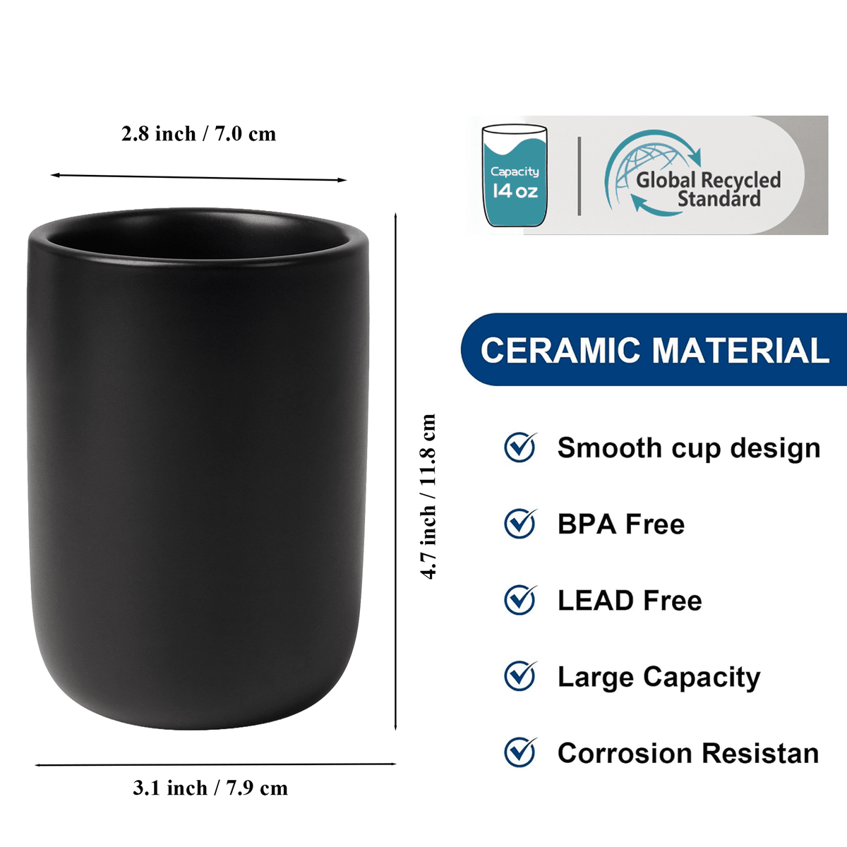 Ceramic Toothbrush Holder Cup, 14 oz Matte Black Tumbler for Toothbrushes and Toothpaste - Image 2