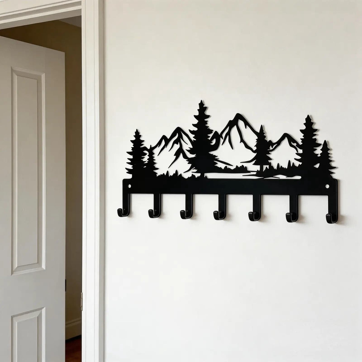 Metal Key Holder for Wall with 7 Hooks, Mountain and Pine Tree Silhouette Rack, 25 cm, Black - Image 5