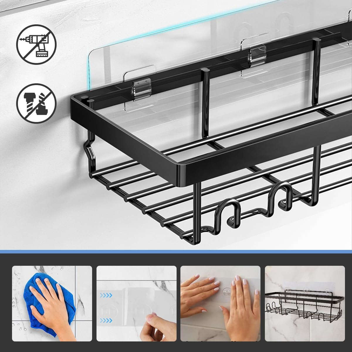 Adhesive Shower Caddy Shelves, 2-Pack No-Drill Black Metal Organizers with 2 Tiers - Image 4