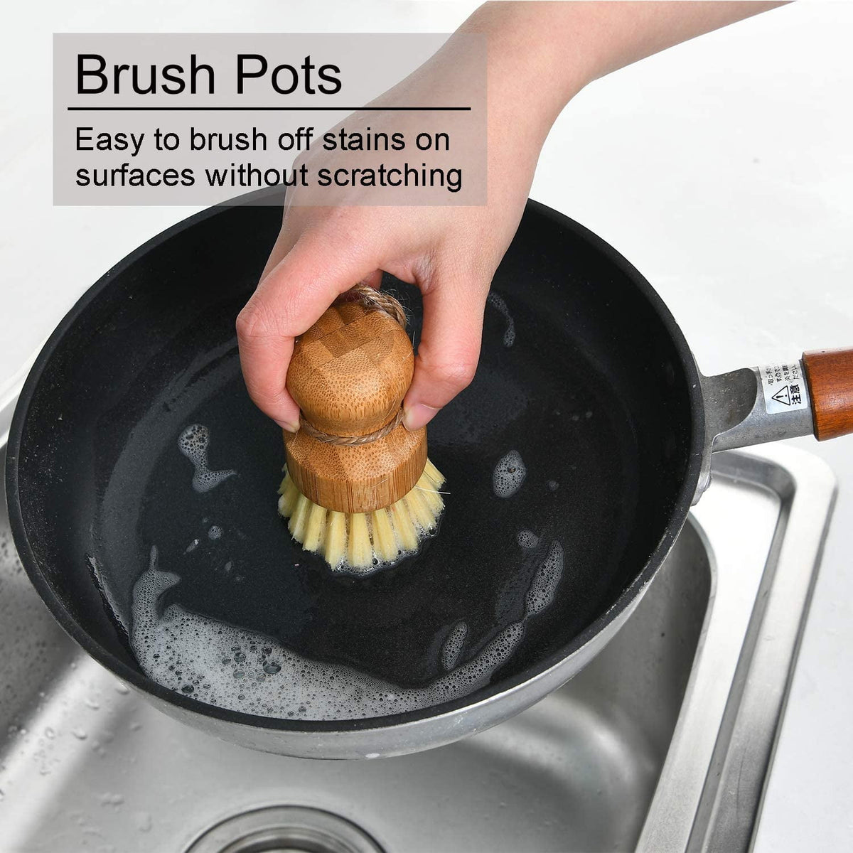 Round Wooden Palm Pot Brush for Pans, Dishes and Vegetables, 3.15 x 1.77 in - Image 3