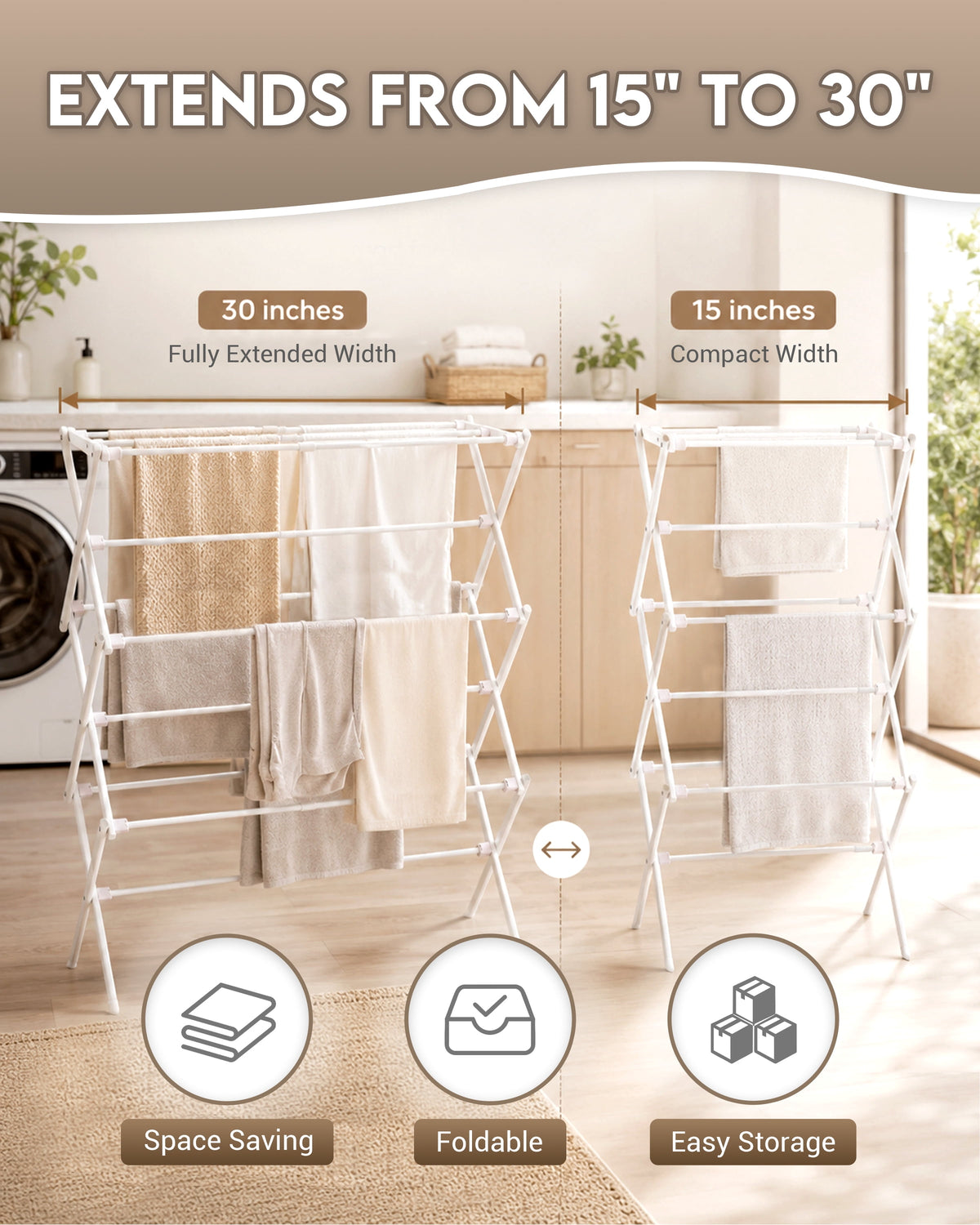 Folding Clothes Drying Rack, Expandable Metal Airer Holds 50 lb, Indoor and Outdoor, 37.5 x 29 x 12 in - Image 3
