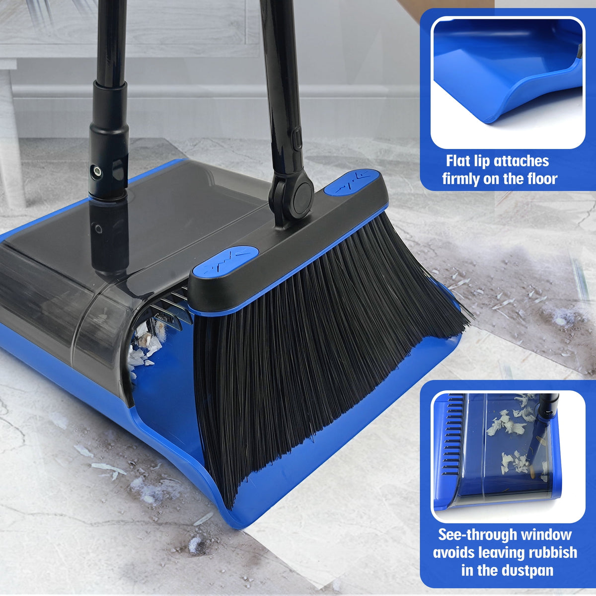 Broom and Dustpan Set with 53.5-Inch Telescopic Handle, Clear Dustpan with Comb Teeth, Blue - Image 3
