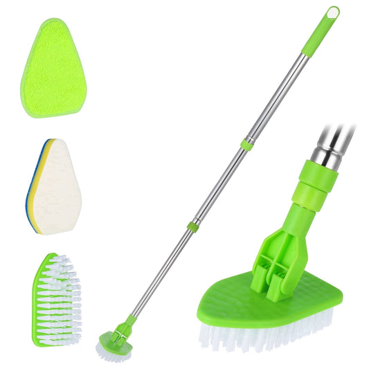 Long-Handle Bathroom Scrub Brush Set with 3 Heads, Extends 18 to 37 in, Pivoting Head