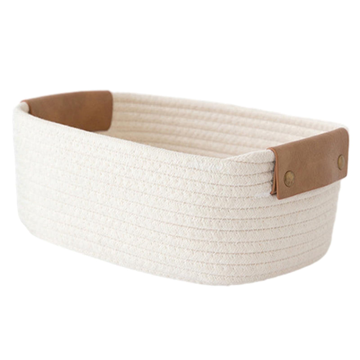Large Cotton Rope Woven Basket with Faux Leather Handles, 12.6 x 9.5 x 5.2 in, White - Image 2