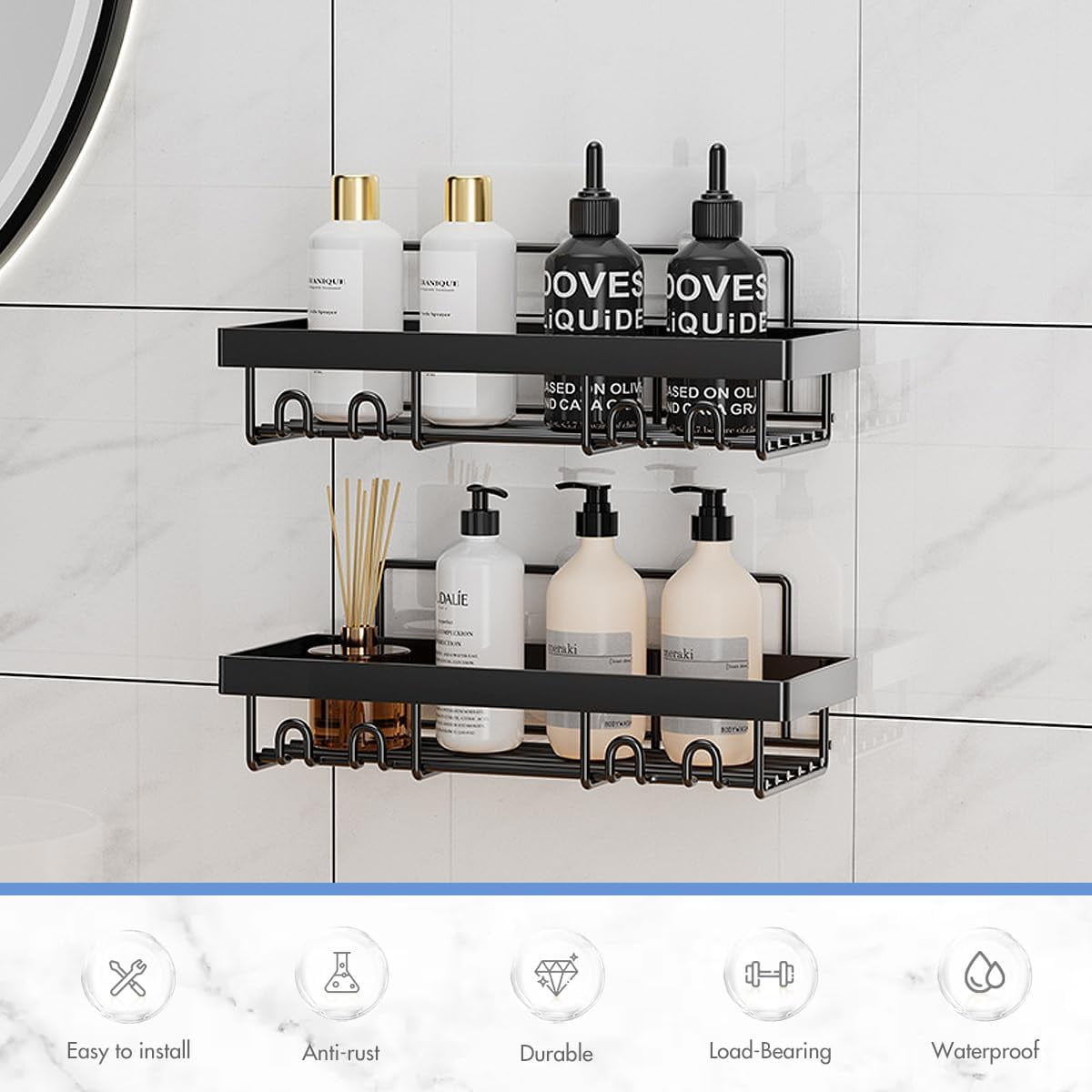 Adhesive Shower Caddy Shelves, 2-Pack No-Drill Black Metal Organizers with 2 Tiers - Image 2