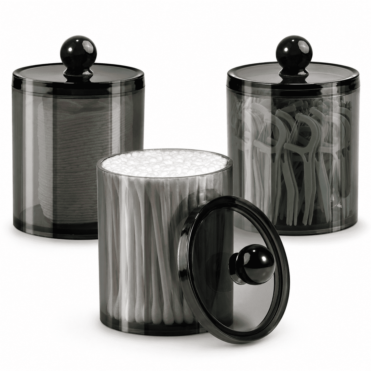 Black Apothecary Jars with Lids, 3-Pack Acrylic Cotton Swab and Cotton Pad Holders for the Vanity