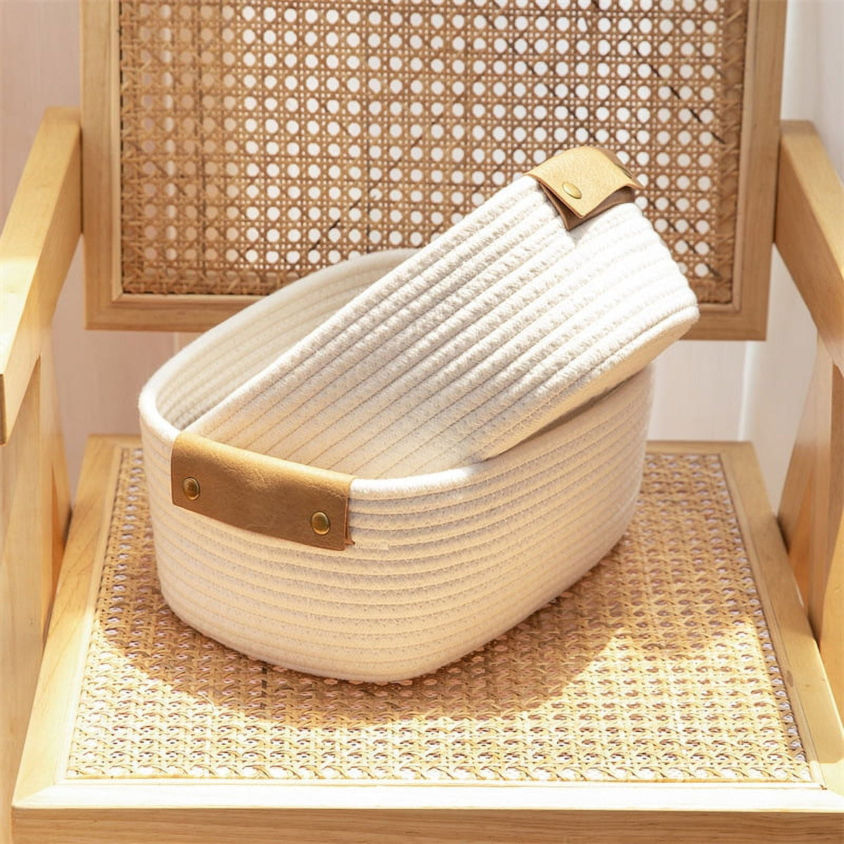 Large Cotton Rope Woven Basket with Faux Leather Handles, 12.6 x 9.5 x 5.2 in, White - Image 3