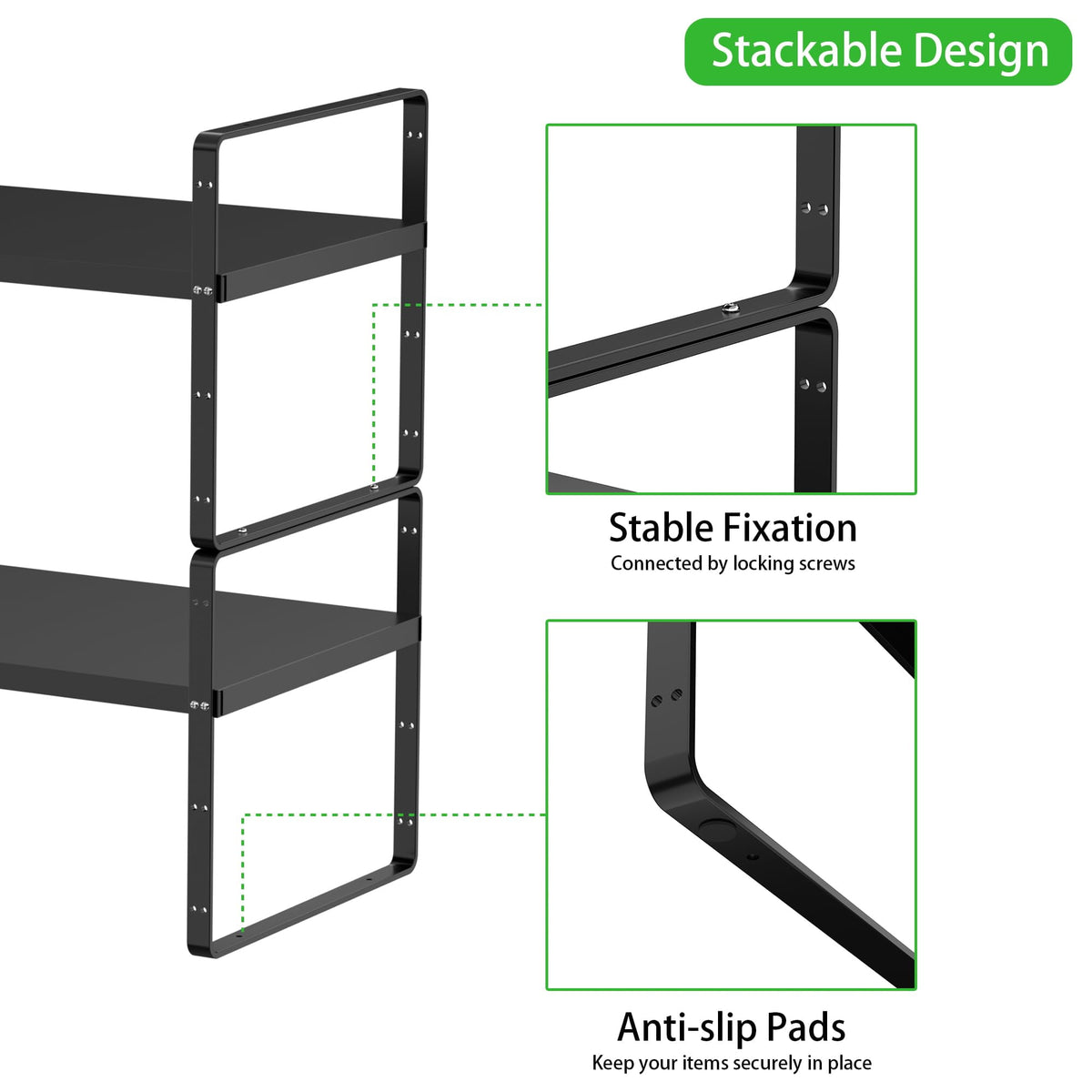 Expandable Cabinet Shelf Organizer, Stackable Adjustable Rack 13.78 to 25.6 in for Pantry and Counter, Black - Image 4
