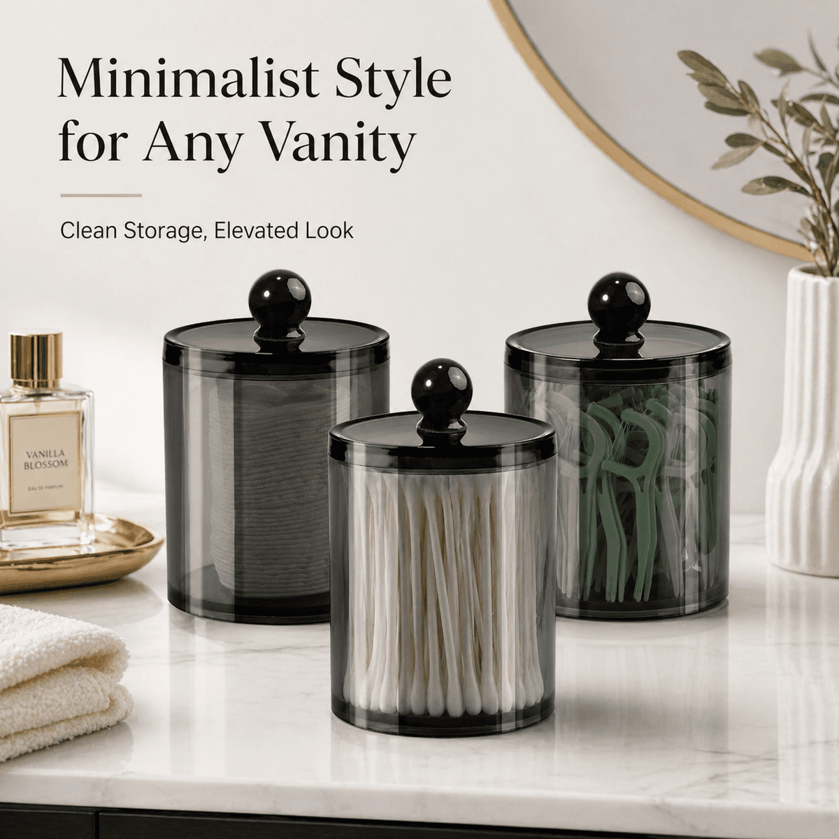 Black Apothecary Jars with Lids, 3-Pack Acrylic Cotton Swab and Cotton Pad Holders for the Vanity - Image 5