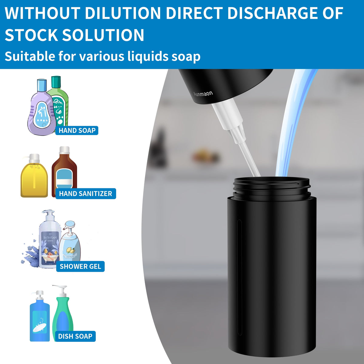 Touchless Automatic Soap Dispenser with 15 Volume Settings for Thick and Thin Liquid Soap, Black - Image 4