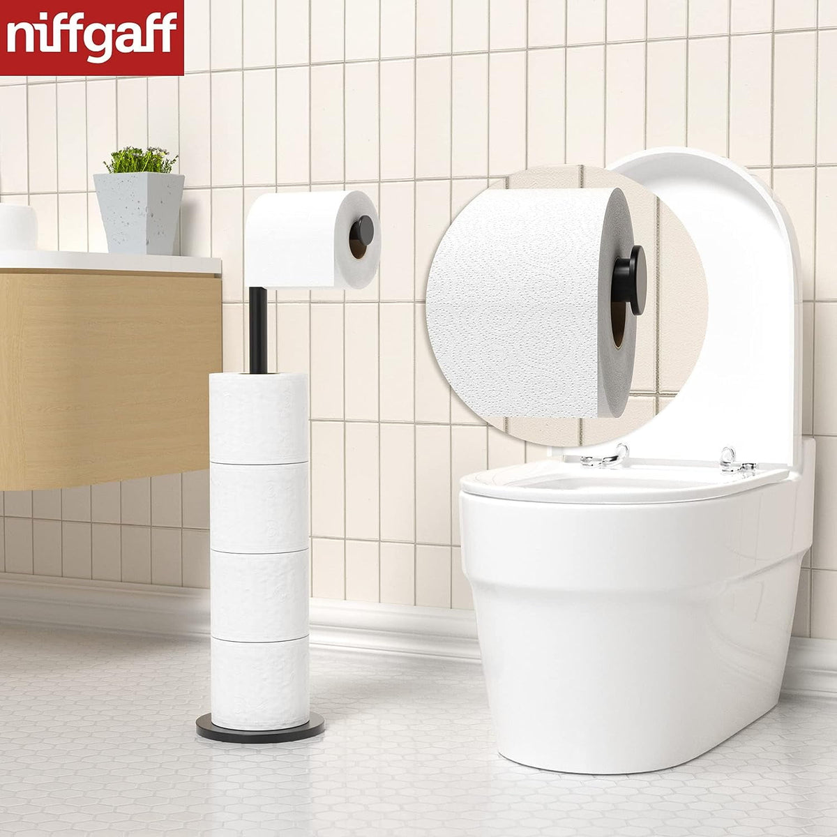 Freestanding Toilet Paper Holder Stand, Stainless Steel Reserve Holds 5 Rolls, Matte Black - Image 4