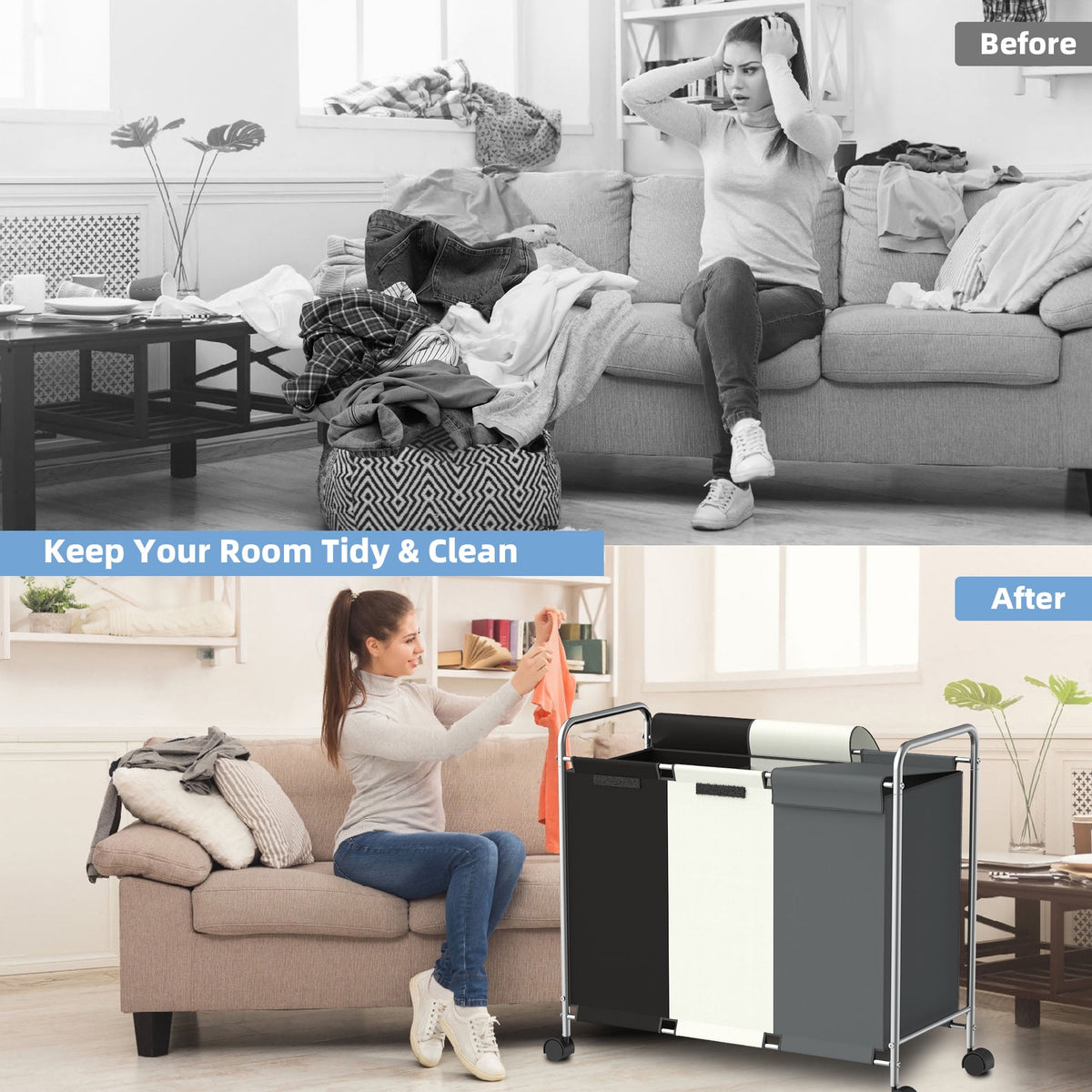 Rolling Laundry Sorter with 3 Compartments, Lid and Handles, 150 L Hamper Cart - Image 4