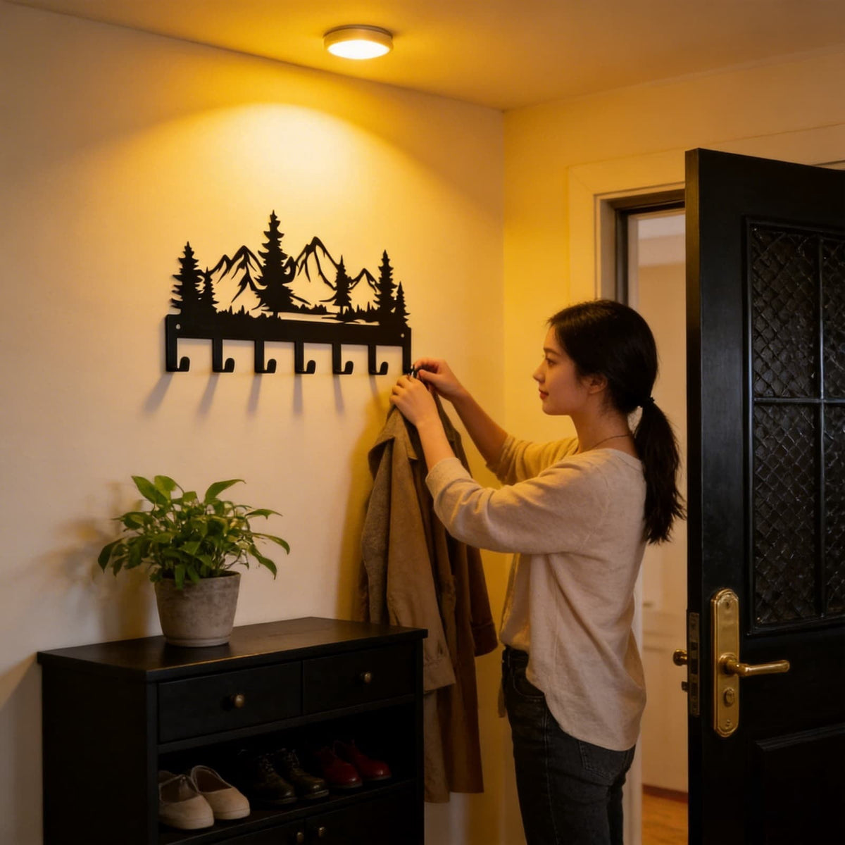 Metal Key Holder for Wall with 7 Hooks, Mountain and Pine Tree Silhouette Rack, 25 cm, Black - Image 4