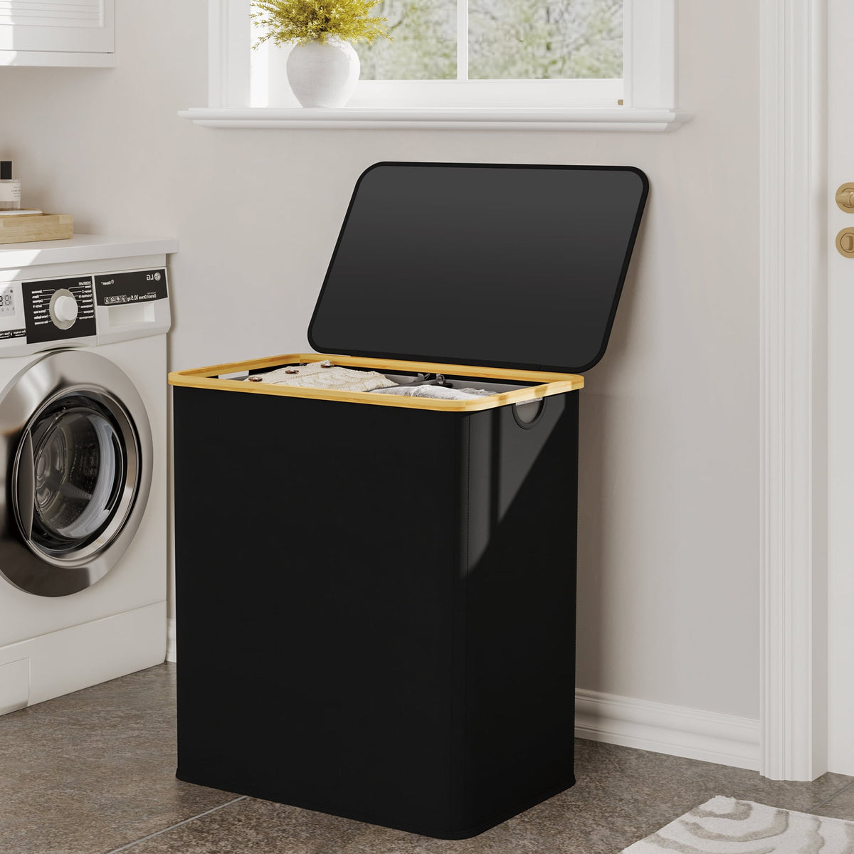 Double Laundry Hamper with Lid, 150 L Collapsible Sorter with Bamboo Handles and Removable Liner Bags, Black - Image 2