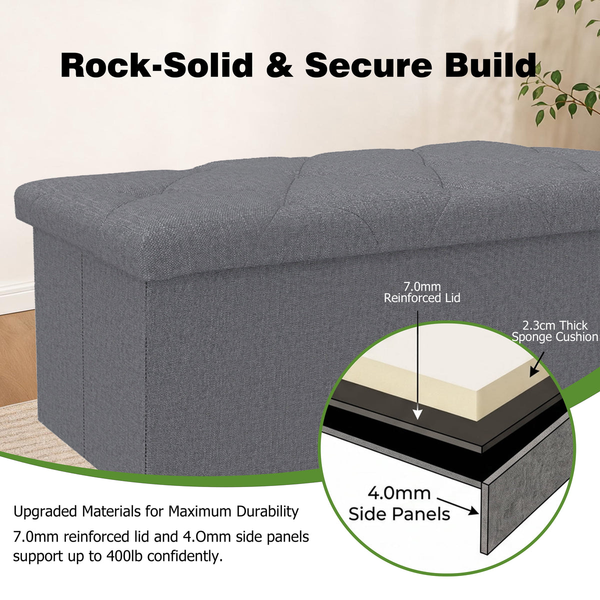 Folding Storage Ottoman Bench, 43-Inch Cushioned Foot Rest and Blanket Chest, Holds 400 lb, Grey - Image 5