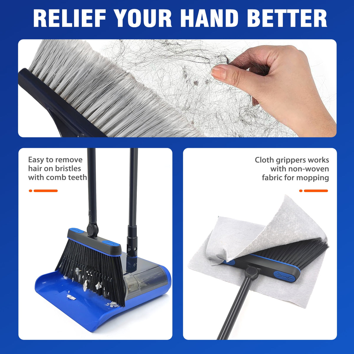 Broom and Dustpan Set with 53.5-Inch Telescopic Handle, Clear Dustpan with Comb Teeth, Blue - Image 6