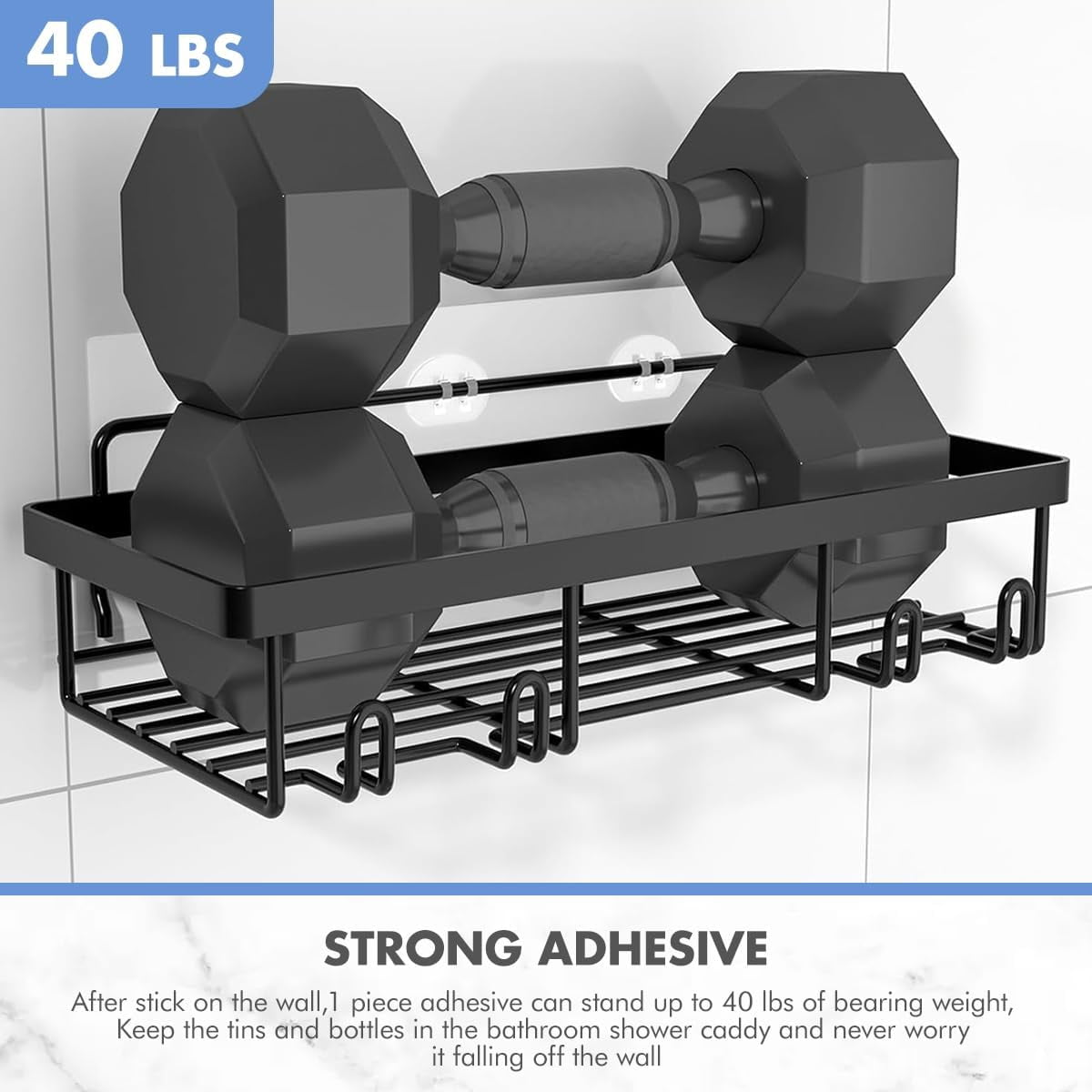 Adhesive Shower Caddy Shelves, 2-Pack No-Drill Black Metal Organizers with 2 Tiers - Image 6