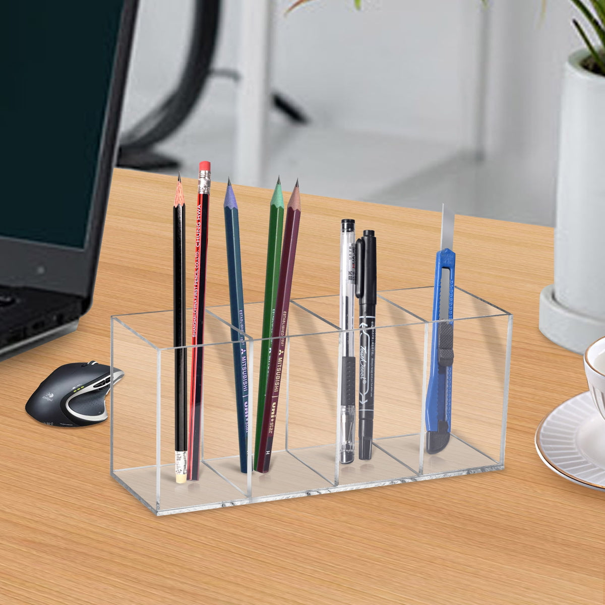 Clear Acrylic Makeup Brush Organizer with 4 Compartments, Vanity and Desk Holder - Image 3
