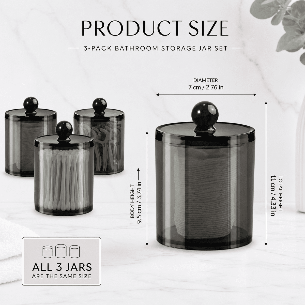 Black Apothecary Jars with Lids, 3-Pack Acrylic Cotton Swab and Cotton Pad Holders for the Vanity - Image 2