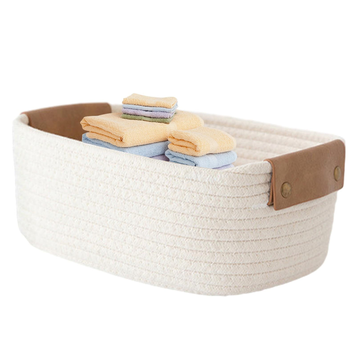 Large Cotton Rope Woven Basket with Faux Leather Handles, 12.6 x 9.5 x 5.2 in, White