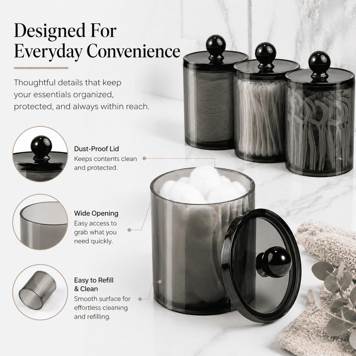 Black Apothecary Jars with Lids, 3-Pack Acrylic Cotton Swab and Cotton Pad Holders for the Vanity - Image 4