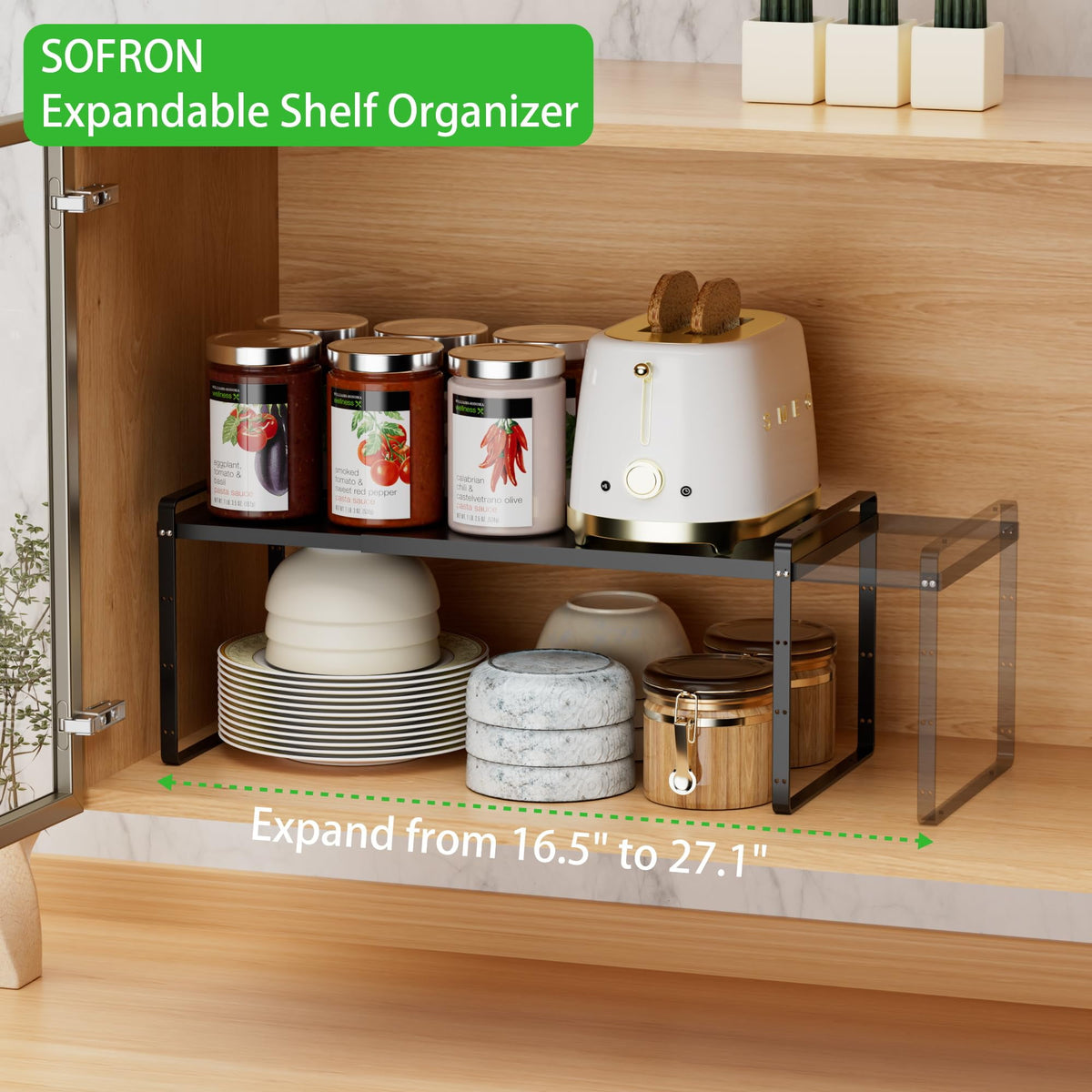 Expandable Cabinet Shelf Organizer, Stackable Adjustable Rack 13.78 to 25.6 in for Pantry and Counter, Black - Image 2