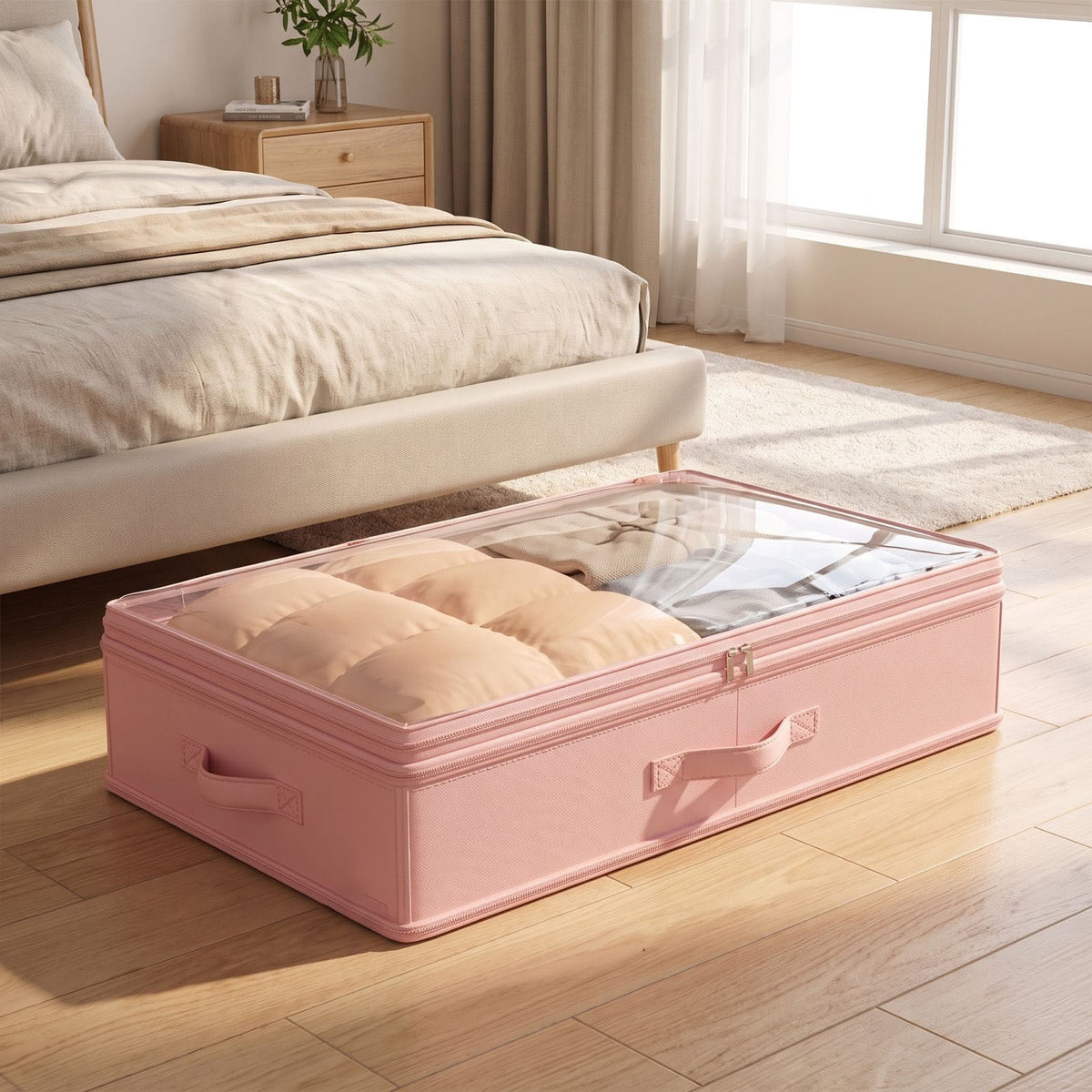 Extra Large Under-Bed Storage Bag for Duvets and Down Jackets, Flat Foldable Organizer 80 x 40 x 15 cm, Pink - Image 2