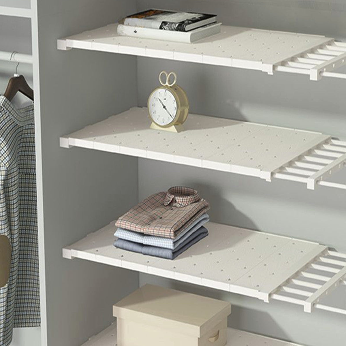 Extendable Closet Shelf Organizer, No-Drill Adjustable Metal Divider 29 to 46 x 24 cm, White - Image 2
