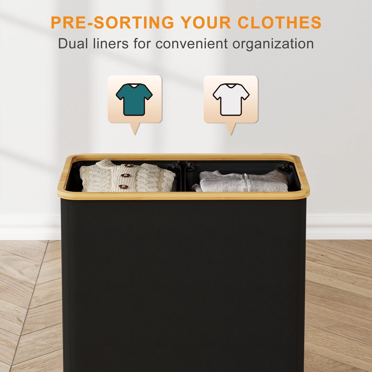 Double Laundry Hamper with Lid, 150 L Collapsible Sorter with Bamboo Handles and Removable Liner Bags, Black - Image 5