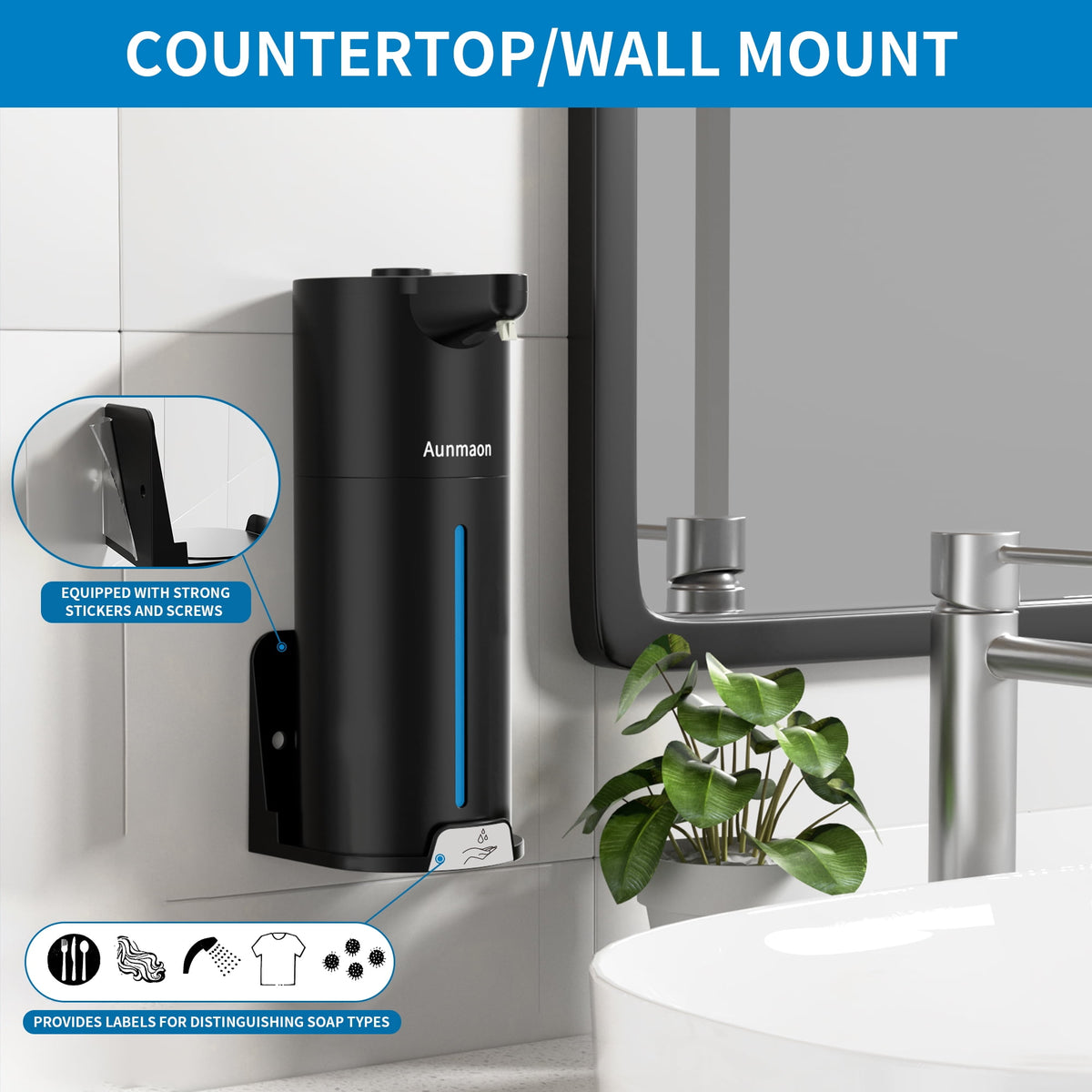 Touchless Automatic Soap Dispenser with 15 Volume Settings for Thick and Thin Liquid Soap, Black - Image 3