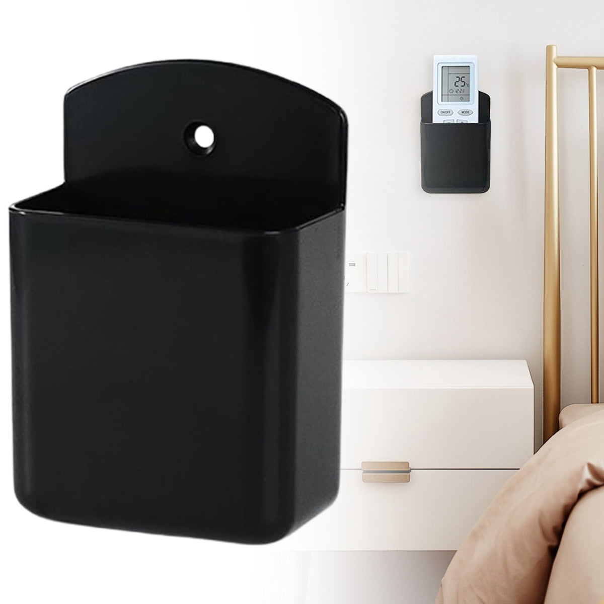 Wall-Mounted Remote Control Holder, Adhesive Black Storage Box for TV and AC Remotes, 6.5 x 3.5 x 10 cm - Image 2