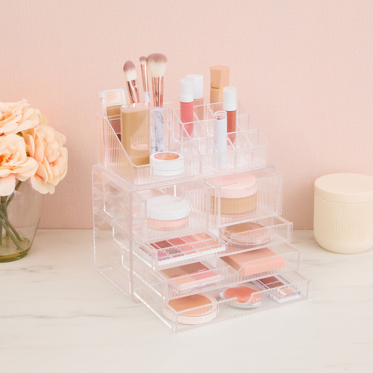 Stacked Drawer Cosmetic Organizer with 21 Compartments, Clear Vanity Storage - Image 3