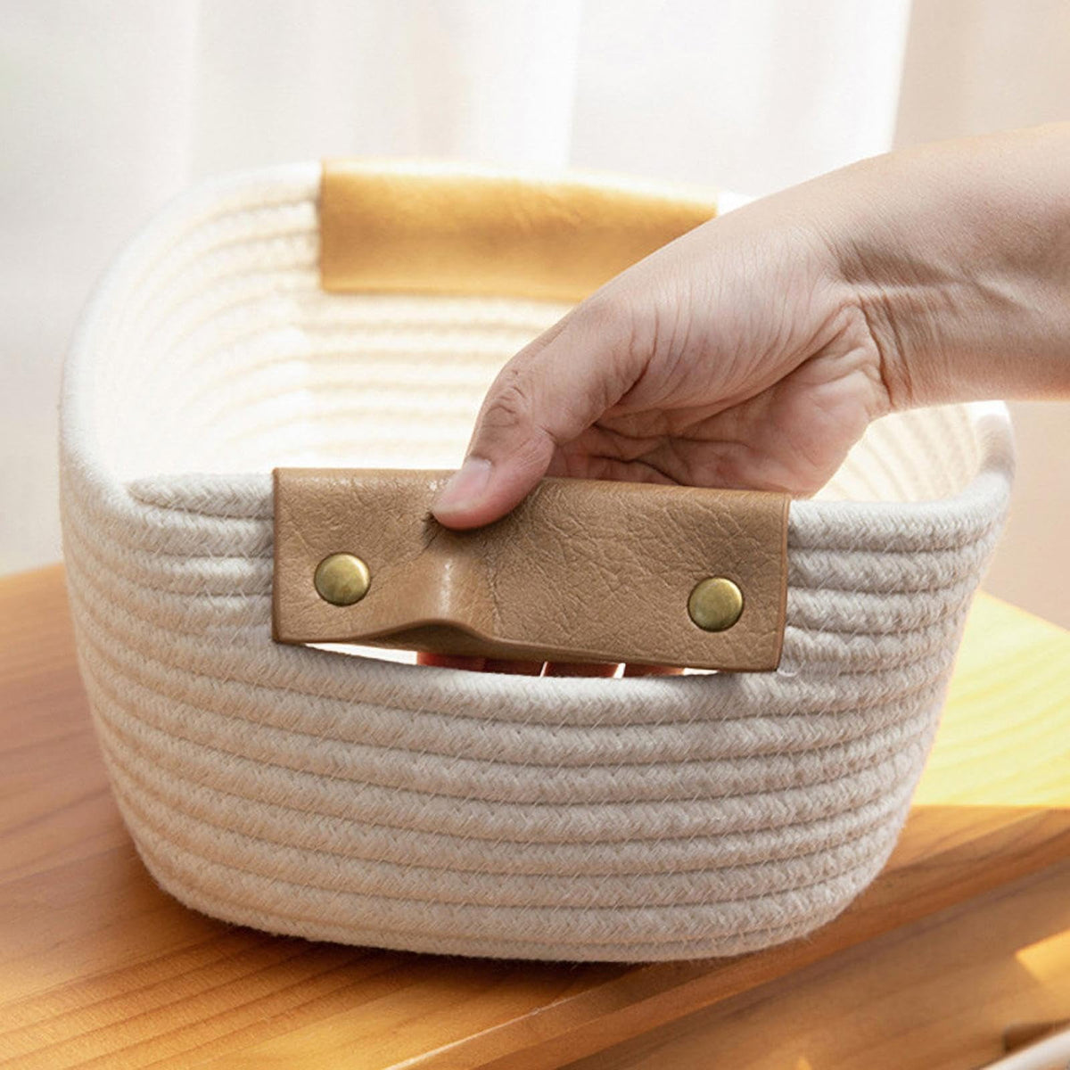 Large Cotton Rope Woven Basket with Faux Leather Handles, 12.6 x 9.5 x 5.2 in, White - Image 6